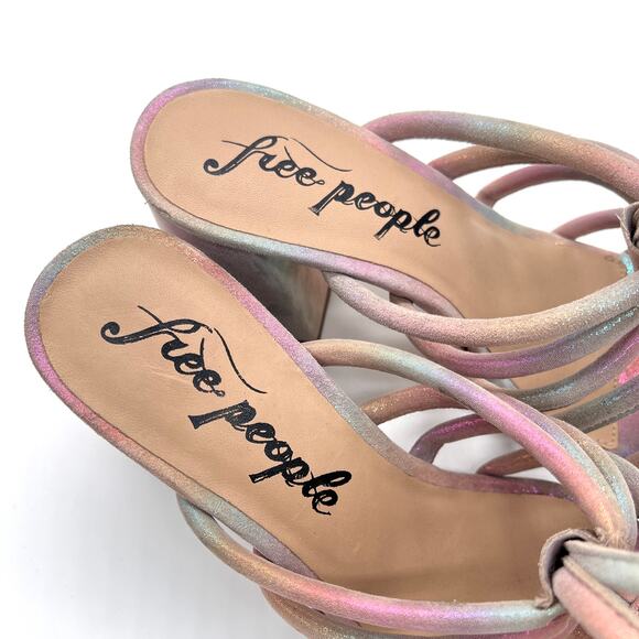 FREE PEOPLE Colette Leather Heels 7.5 Metallic Rainbow Strappy Sandal Cage NEW - Picture 8 of 15